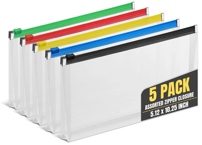 1InTheOffice Plastic Filing Envelopes with Zipper Closure, Moisture Resistant Envelope, Letter Size, Assorted Colors, Check Size (5 Pack) - Image 1